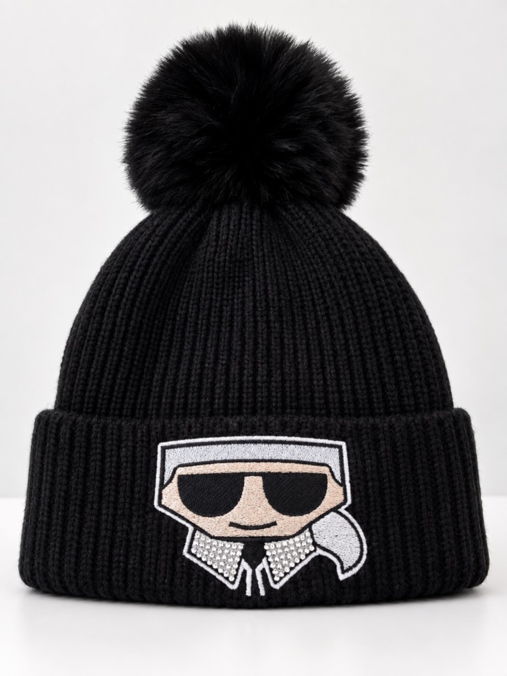 Karl Lagerfeld Paris Beanie Black Pom Pom Rhinestone Karl Patch Winter Hat NWT